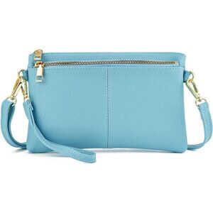 ⚡Women's Lightweight Light Blue Triple Zip Vegan Leather Clutch Wristlet Bag